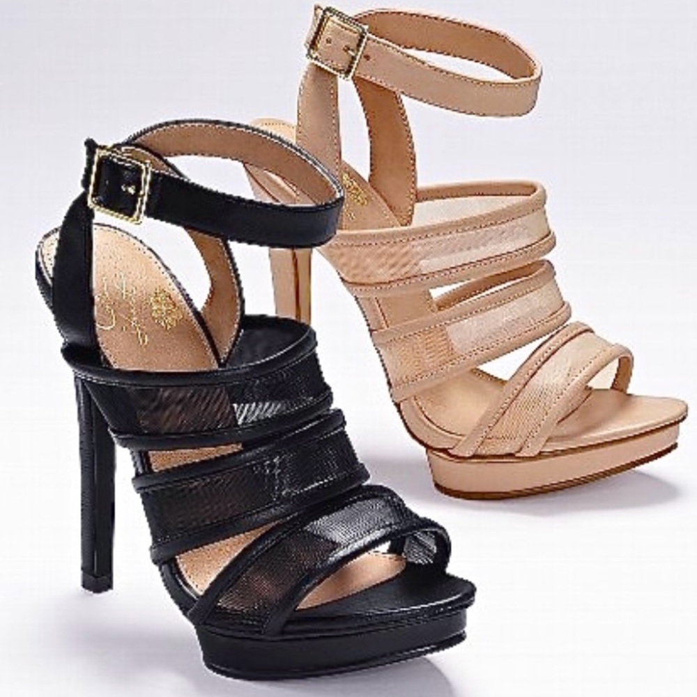 BLACK  SEE-THROUGH MESH STRAPPY HEELS — NEW — SIZE 7